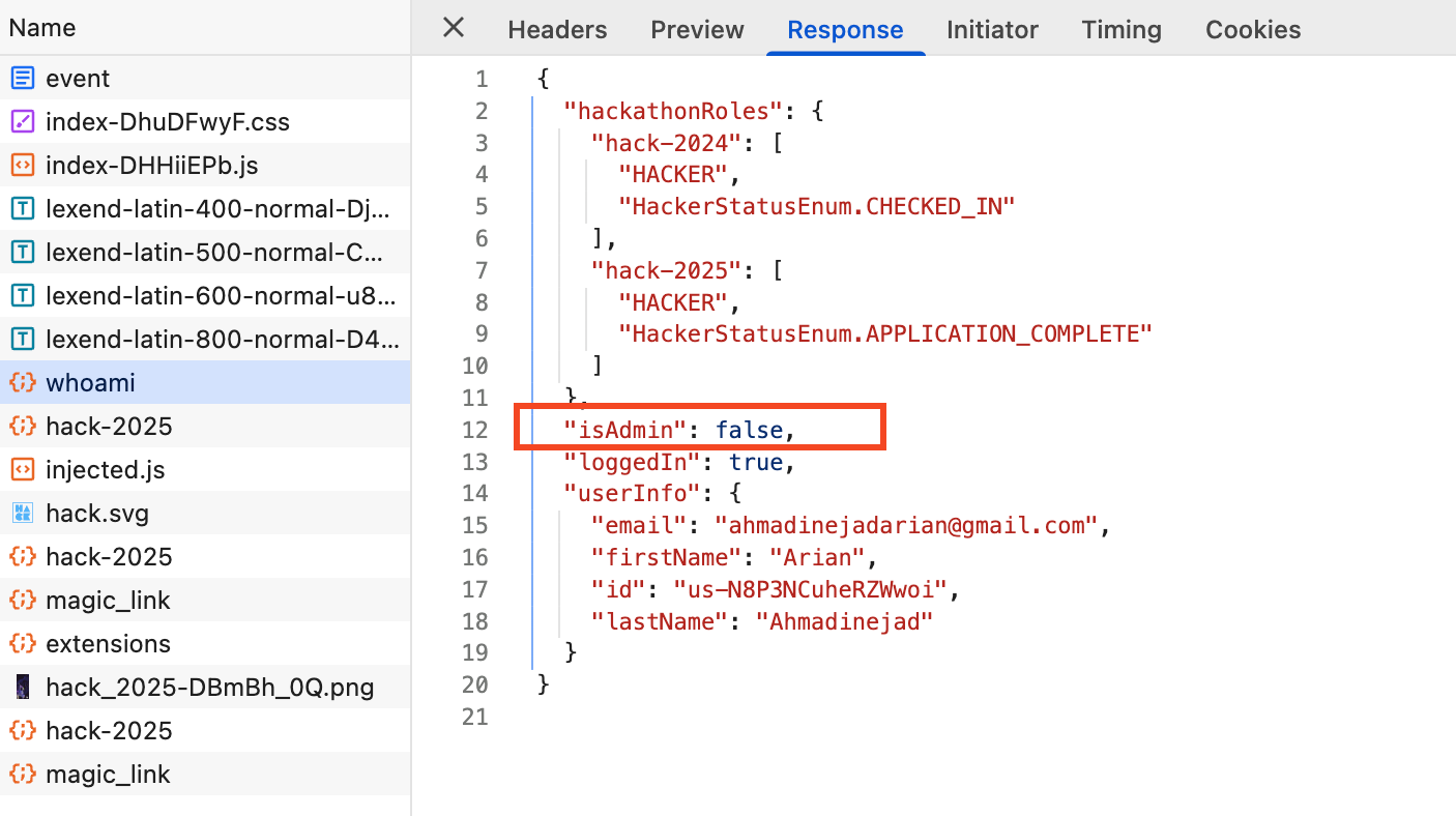 whoami endpoint response showing isAdmin flag
