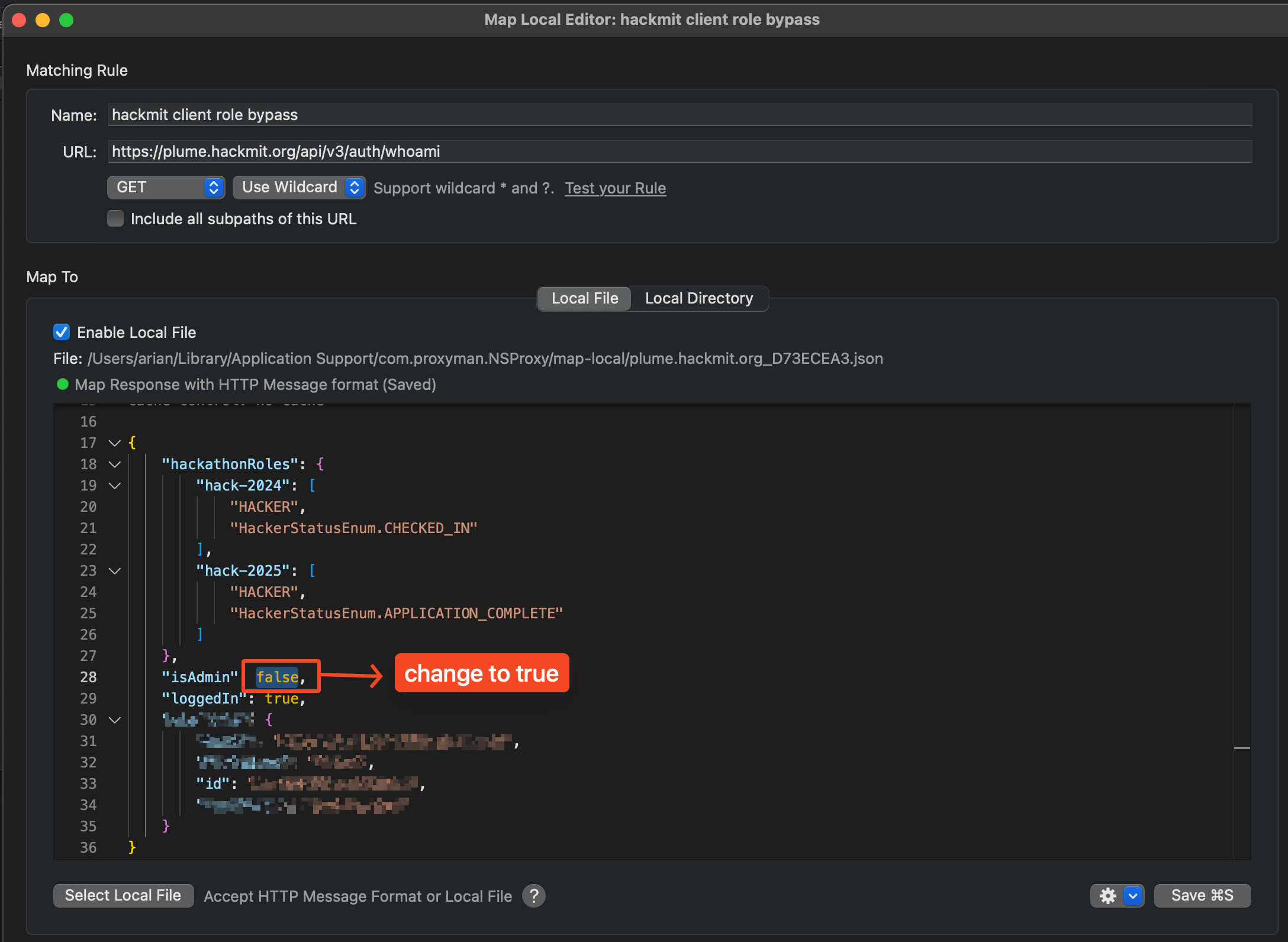 Setting isAdmin to true in Map Local JSON response