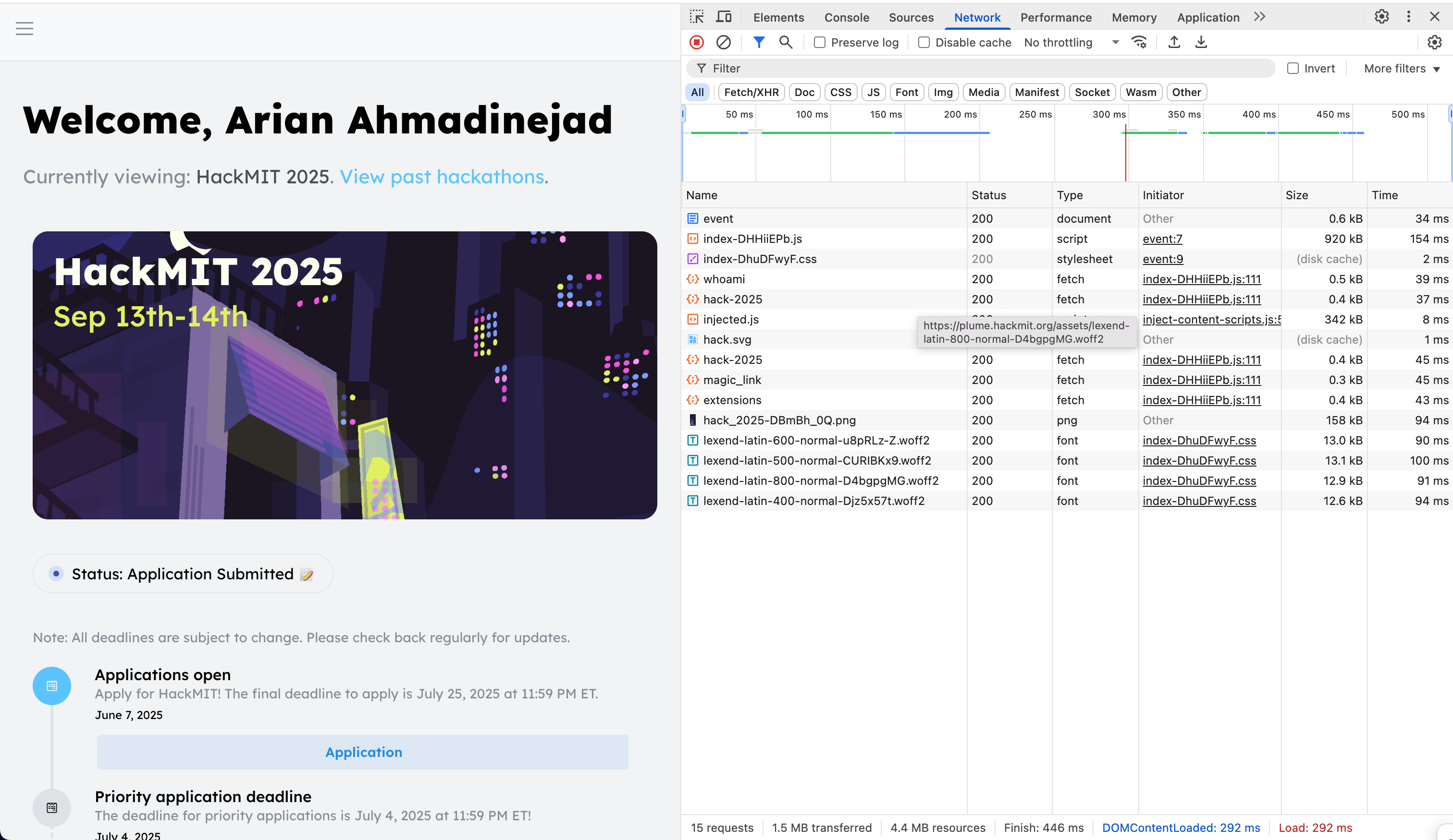 Network requests from HackMIT's plume website