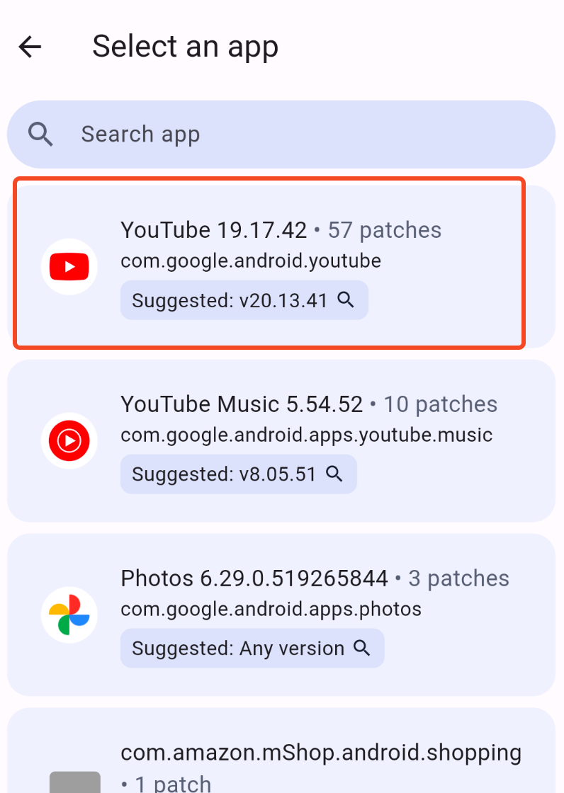 Selecting Youtube in the Patcher