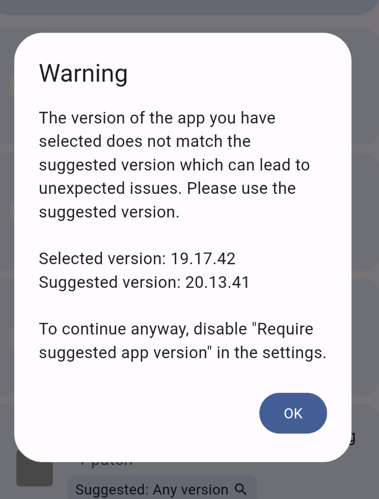 Warning about incompatible Youtube version