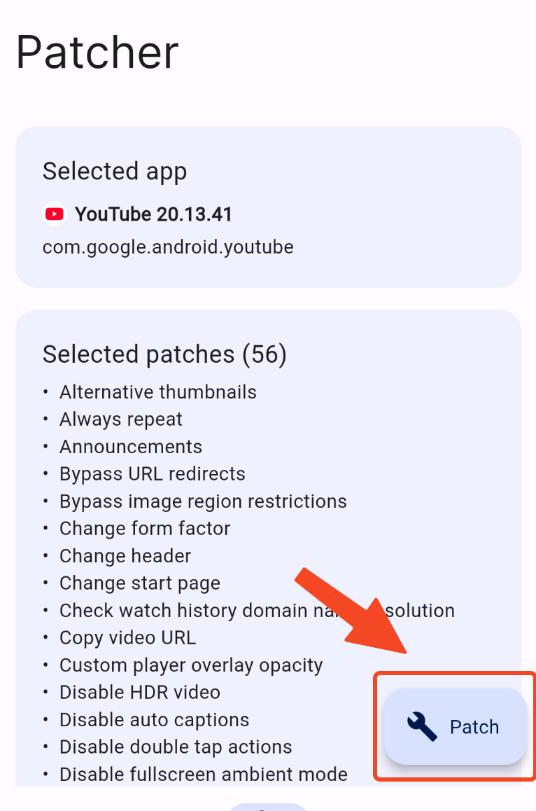 Patch button ready to apply modifications