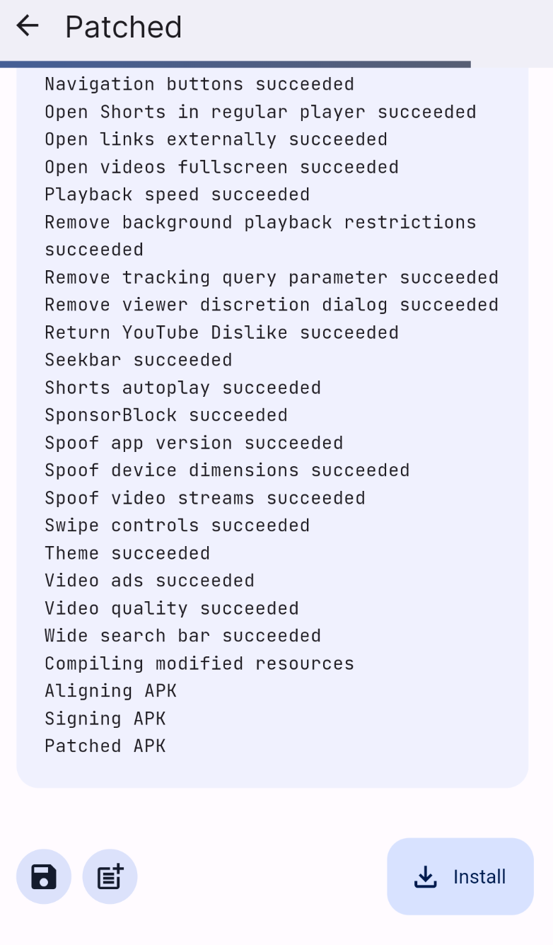 Patching complete with Install button