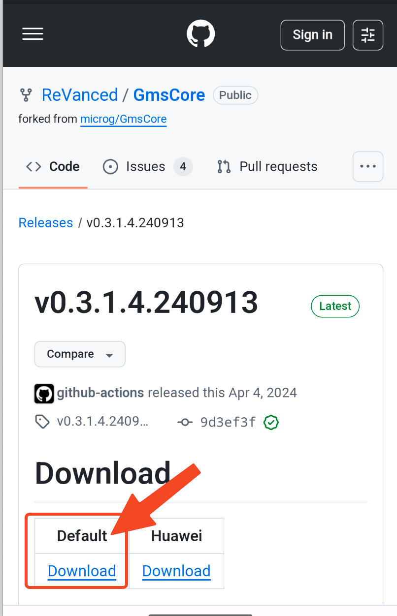 MicroG download page on Github
