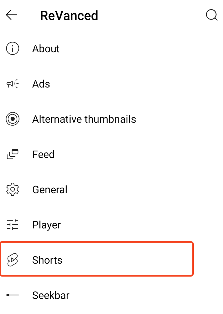 Revanced settings with Shorts section