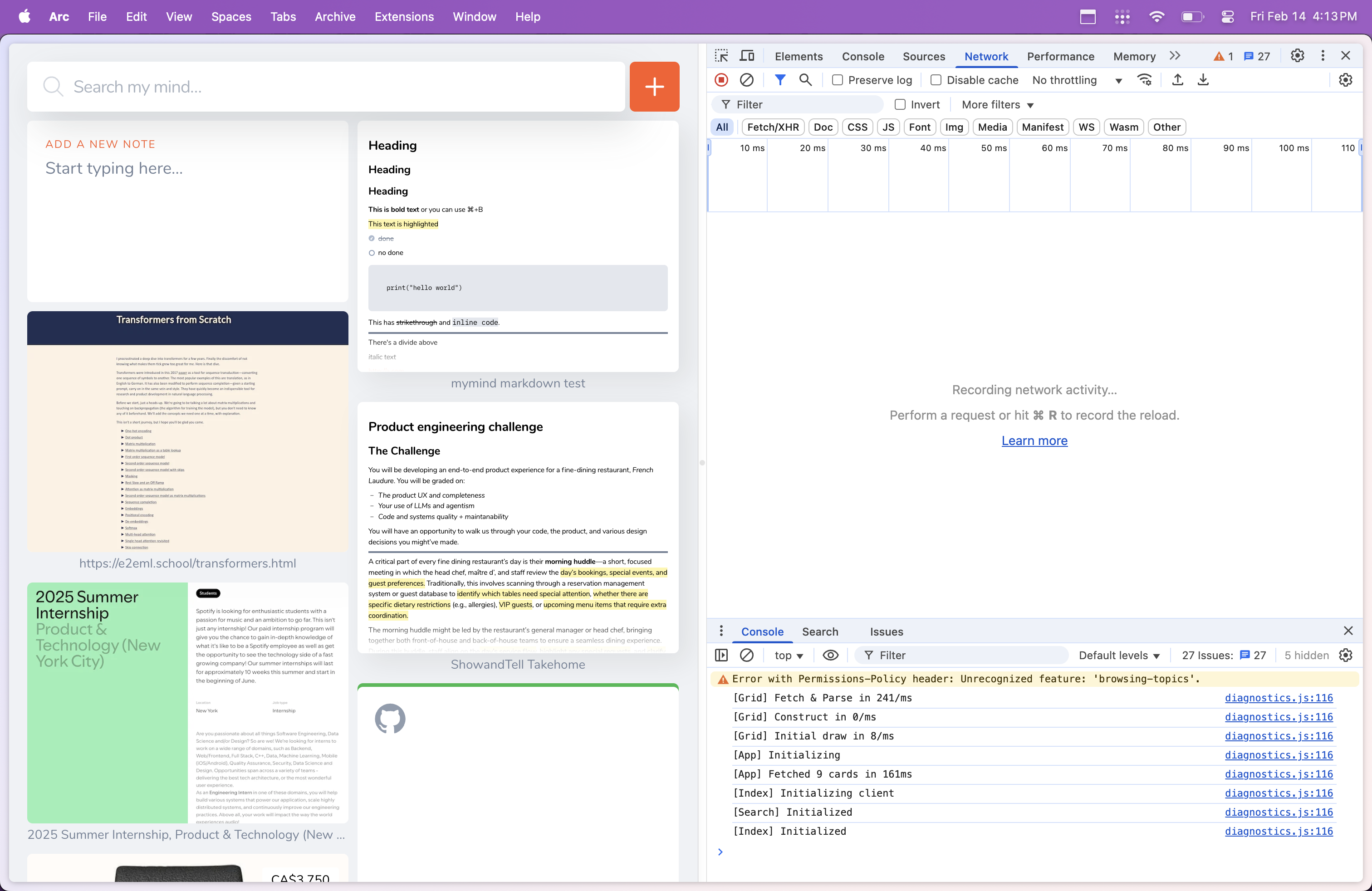 Developer tools network tab open