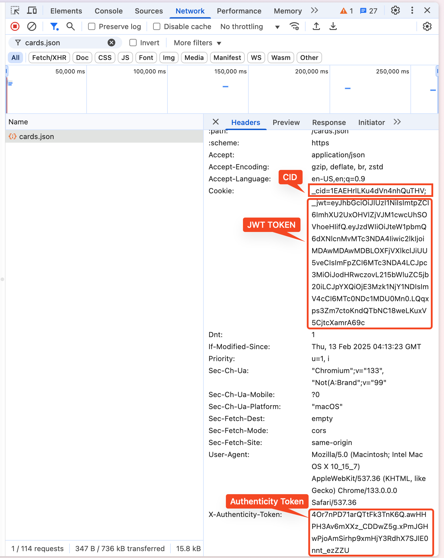 Request headers showing authentication tokens